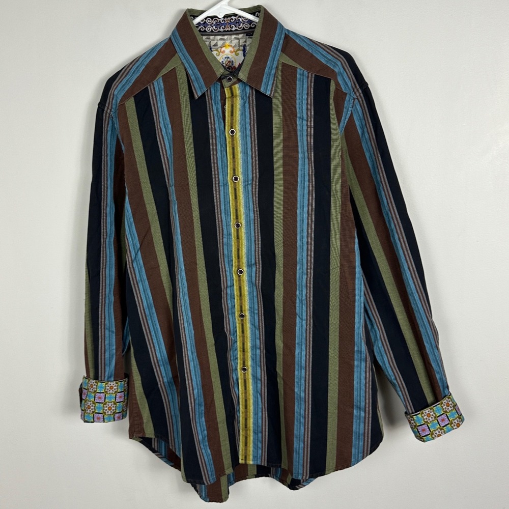 Robert Graham Mens Shirt Sz Large Striped Button Flip Cuff Long Sleeve Silk Trim